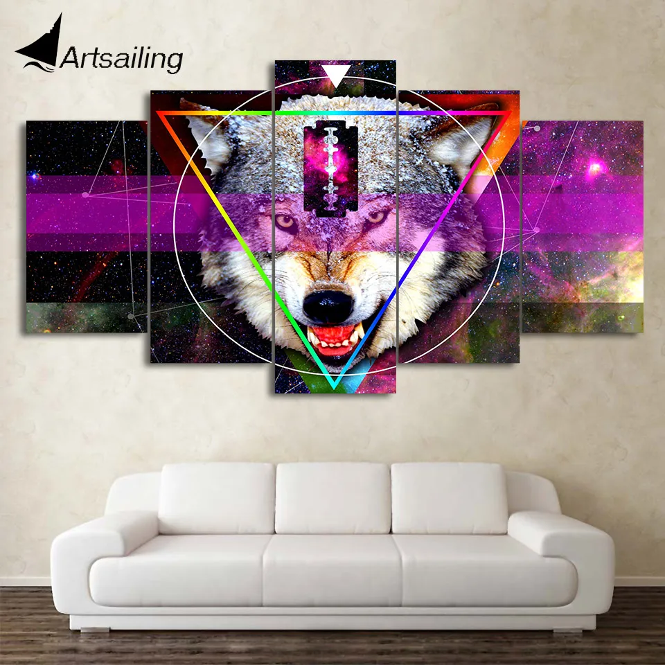 

HD Printed 5 Piece Canvas Art Abstract Stars Wolf Painting Framed Modular Wall Pictures for Living Room Free Shipping CU-2253B