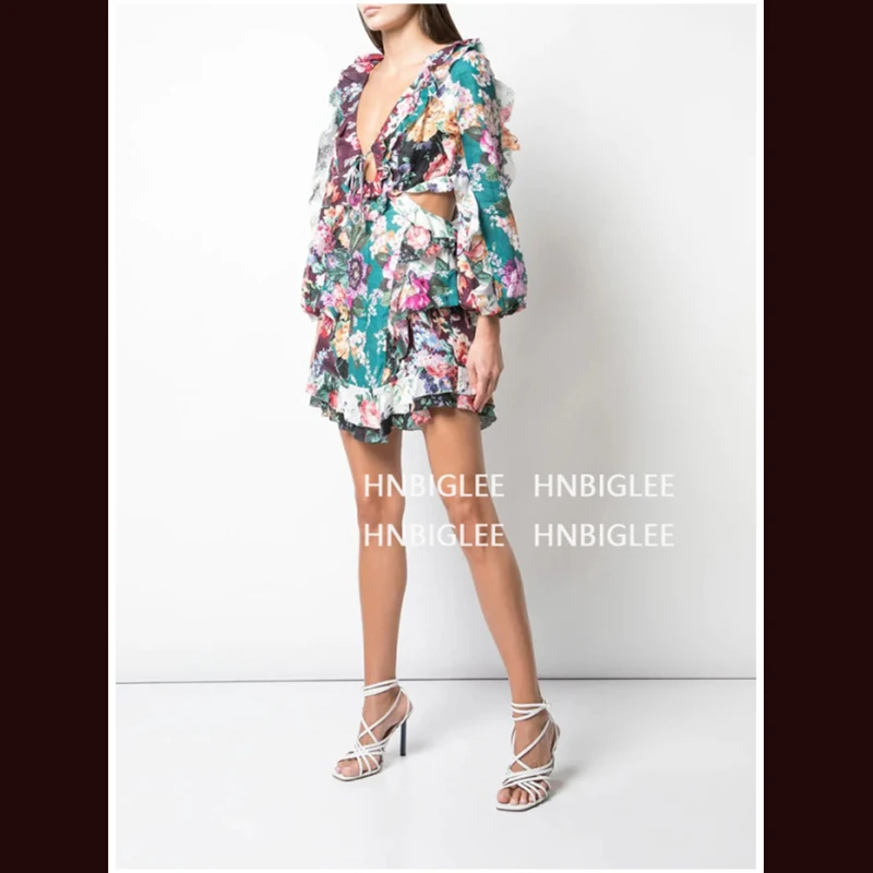 

New Summer Bohemian Long Sleeve V-neck Sexy Cutout Burlap Ruffled High Waist Women Dress