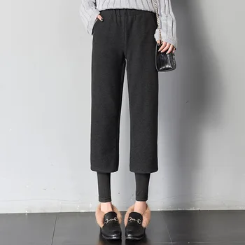 

New 2019 High Waist Warm Woolen Winter Loose Straight Trousers Female Thick Fake Two Piece Casual Pants Stretch Plus Size