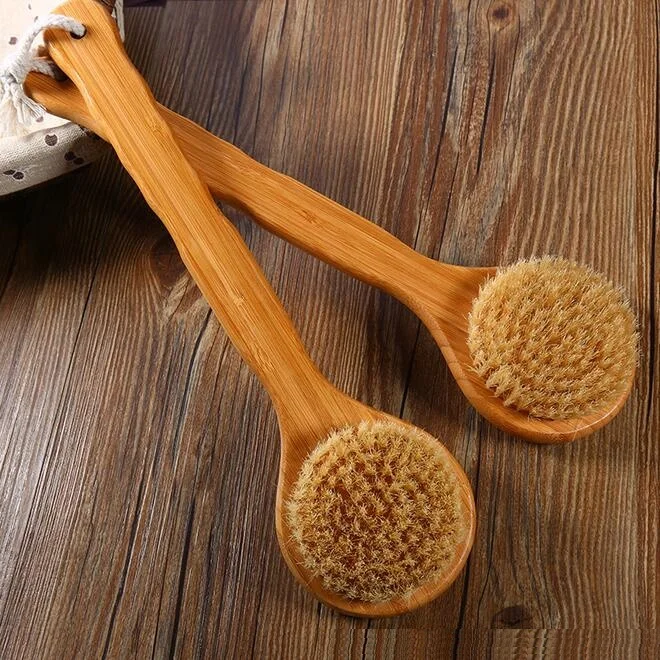 Natural Bristle Middle Long Handle Wooden Shower Body Bath Brush Round