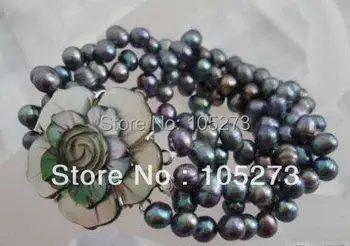 

New Arriver Pearl Jewelry AA 7-8MM Black Color Baroque Shaper Natural Freshwater Pearl Bracelet 8inch Shell Flower Clasp