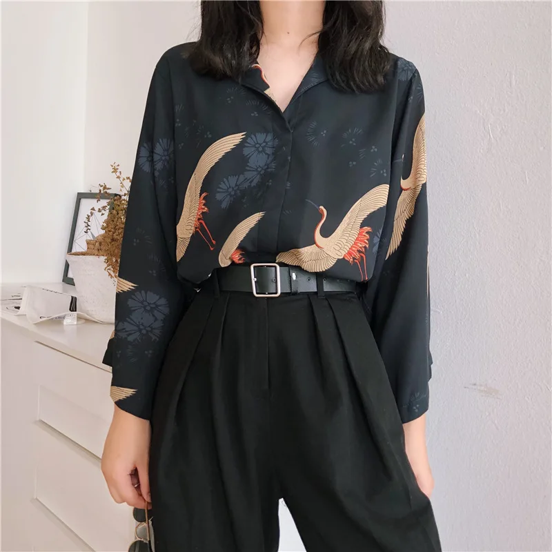 Women's Shirts Lady Kawaii Ulzzang Ins Chic Retro Loose Slim V-neck Crane Print Shirt Girl Punk Harajuku Tunic For Women Casual