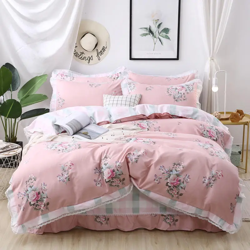

Princess pastoral Style Bedding set 4 pcs Queen size Bed set lace Quilt/Duvet cover Bedsheet set Pillowcase for girls