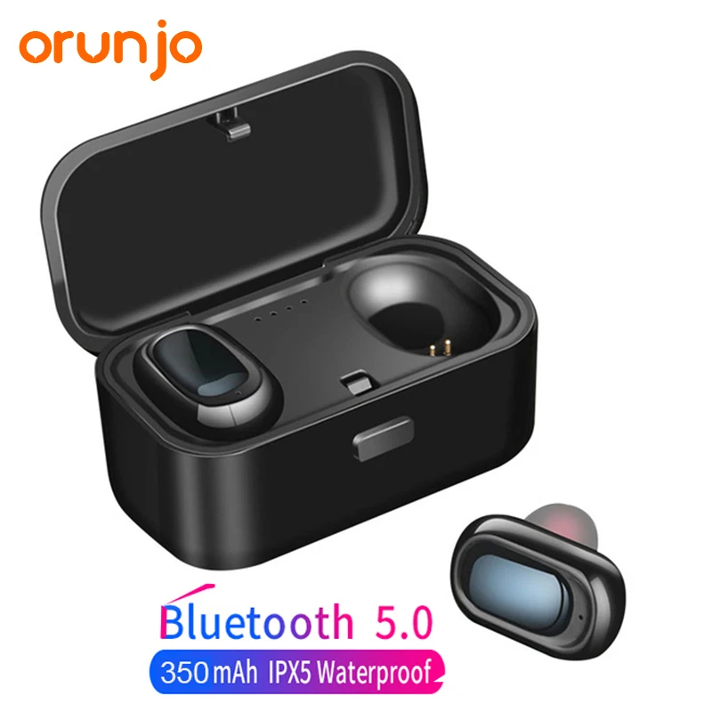 

Orunjo L1 Bluetooth Headset V5.0 TWS Wireless Earphones 3D Stereo Sound Waterproof Earbuds Built-in Mic with Charging Box