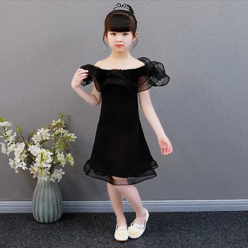 

1-12 Years Lace Up Kids Evening Party Dress Black Princess Dress For Girl Off Shoulder Girl's Dresses Girl Birthday Party Gown