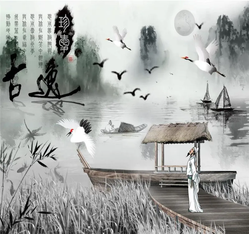 Custom wallpaper Chinese ancient white crane living room bedroom background decorative waterproof material Custom wallpaper Chinese ancient white crane living room bedroom background decorative waterproof material