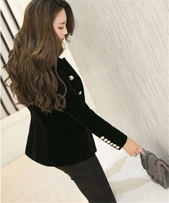 2016 New Spring Fashion Women Midnight Navy Slim Velvet Blazer Jacket Double Breasted simple Lady Blazers (14)
