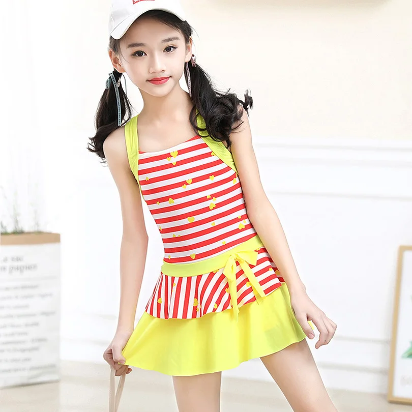 Kaufen Sommer Kinder Hohe Taille Bikini Set Bademode Baby Mädchen Cartoon Biquini Badeanzug Kinder Ein Stück Badeanzug Gestreiften Schwimmen Kleid