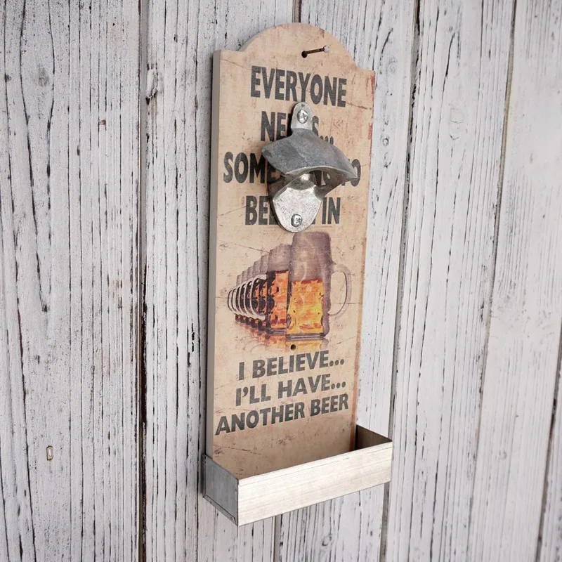 Vintage Shabby Wood Wall Mounted Bottle Opener Man Cave Wall Mount Beer Bottle Opener with Cap Catcher, Bar Tool, 1 Piece