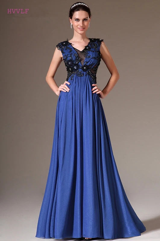 Freeshipping-New-V-cut-Neckline-Sleeveless-Royal-Blue-Evening-Dresses-with-Black-Applique