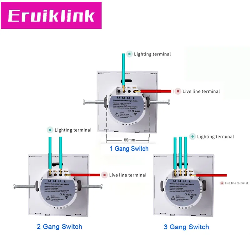 Eruiklink ЕС/Великобритания стандарт 3 банды 1 способ RF433 дистанционное управление Настенные переключатели, 220 В Хрустальная стеклянная панель сенсорный светильник переключатель