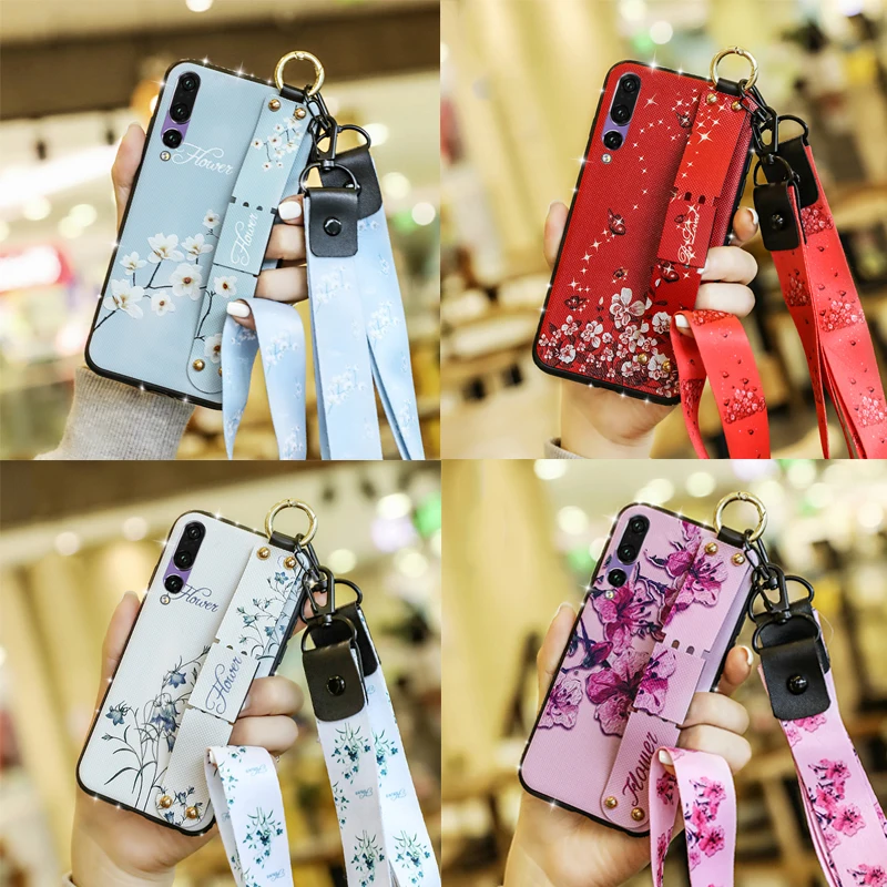 Luxury P30 Lite Case For Huawei Pro Diamond Glitter Flower Strap Hanging Rope Wristband Bracket Anti-knock Covers |