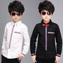 Camisetas de manga larga para niños y adolescentes Camisa lisa de algodón para Primavera, Tops blancos y negros para niños, ropa con lazo escolar para adolescentes de 6, 10, 13 y 15 años, 2019