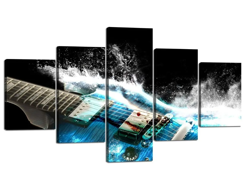 Yatsen Bridge Modern 5 Panels Music Canvas Printed Wall Art Blue Guitar Wave Wall Art Painting Stretched Wooden Frame Ready to Hang HD Printed Giclee Artwork Home Office Decor - 70''W x 40''H