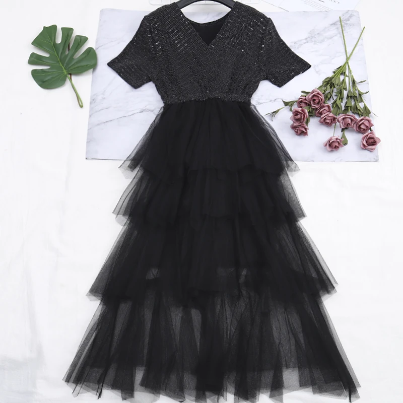 

2024 Women Summer V-Neck Bling Sequined Ball Gown Ruffles Tulle Dress Lady Elastic Slim Mesh Gauze Pleated Layer Cake Midi Dress