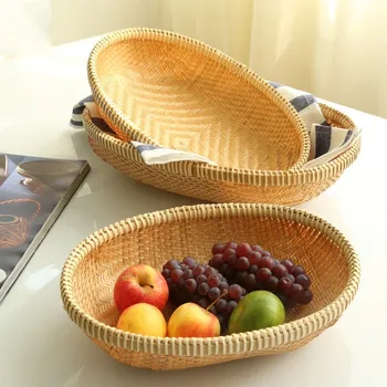 

Handmade Quality Bamboo Weaving Fruit Bread Basket Wicker Set Large Container Dish Drain For Kitchen Snack Picnic Food Storage