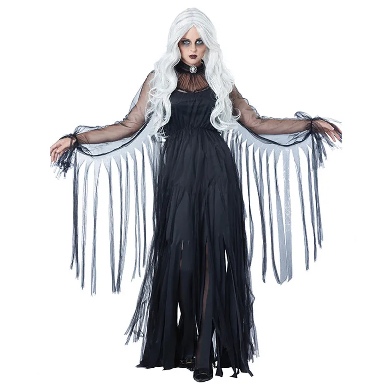

Adult Women Wandering Soul in the Night Witch Halloween Party Costumes Zombie Corpse Ghost Bride Black Long Dress