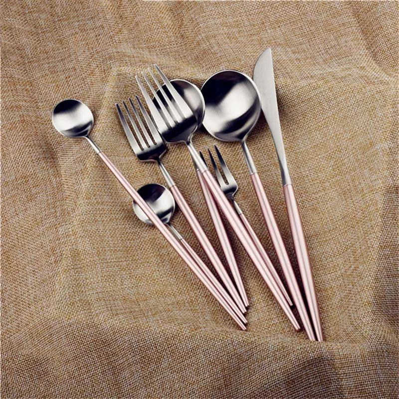 

Korean Top Pink Silver Tableware Cutlery Set Dinner Knife Scoop Fork Sets 18/8 Stainless Steel Western Gold Dinnerware Set