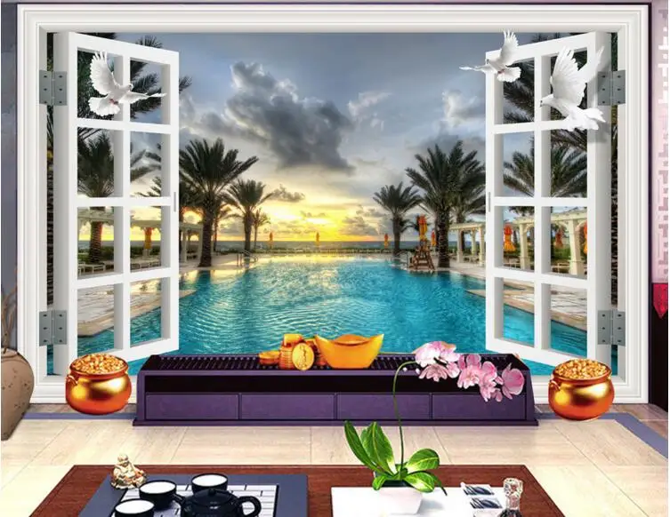 

3d wallpaper custom mural Swimming pool coconut trees window painting photo 3d wall murals wallpaper for living room home decor