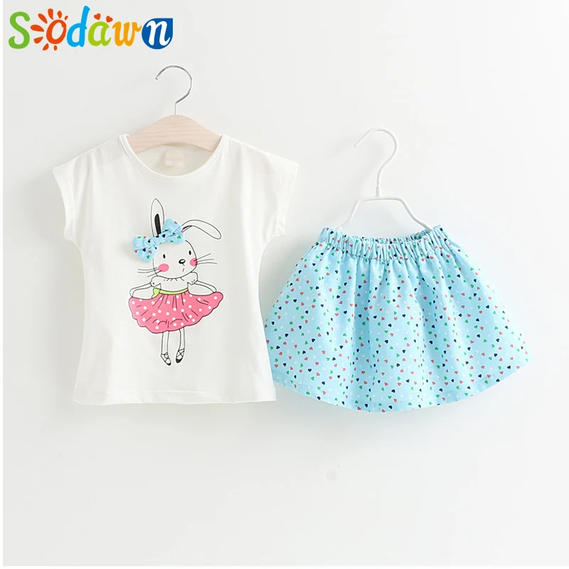 Sodawn Grils Clothing Sets Brand Summer Style Girls Clothes Cartoon Girls Clothing Set Short Sleeve T-Shirt+Dress Kids Clothing