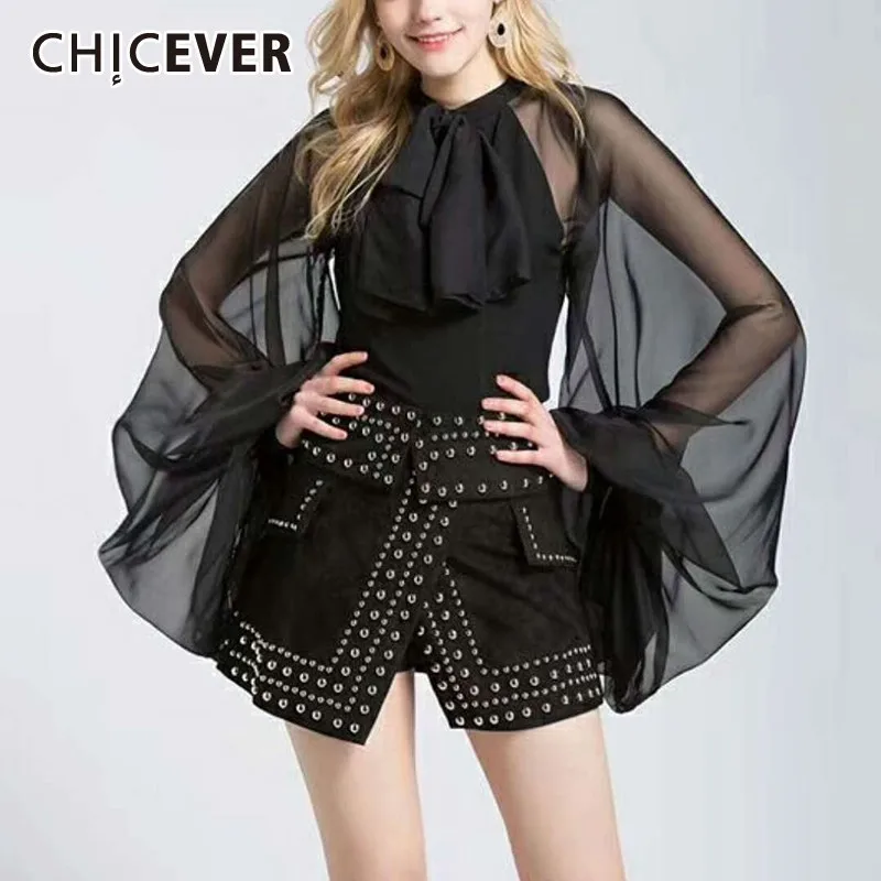 

CHICEVER Bowknot Chiffon Blouse Women Lantern Sleeve Tulle Transparent Sexy Tops Large Size Spring Summer Casual 2019 New