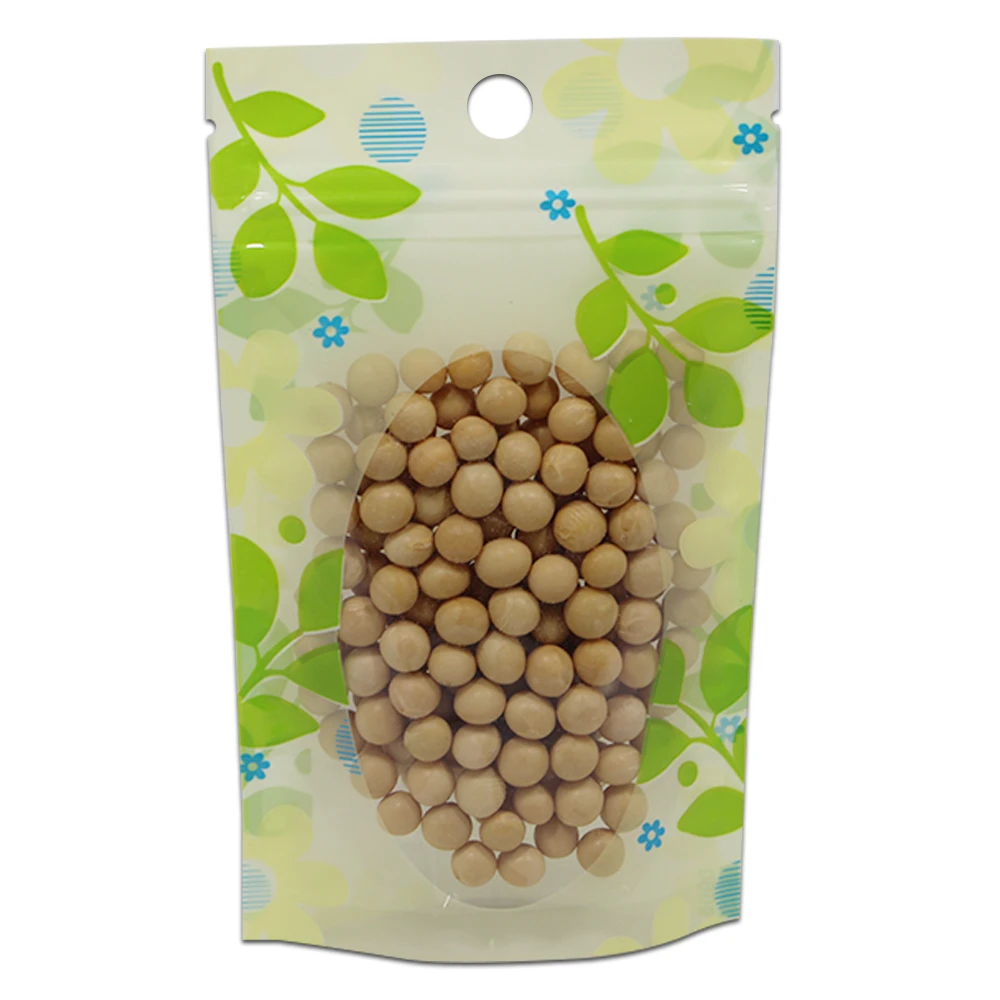 

Plastic Zip Lock Bag Packaging Leaf Print Stand Up with Clear Window Hang Hole Beans Nuts Dried Fruits Packing Pouches 2 Sizes