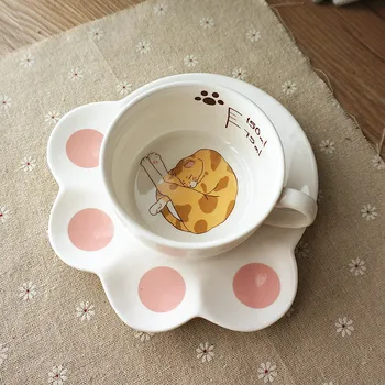 

Free Shipping Cute Cat Paws Ceramic Personality Milk Mug With Tray Creative Office Coffee Tumbler Breakfast Mugs