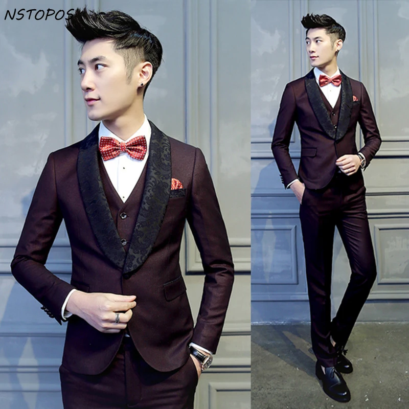 

Burgundy Suit Smoking Dress Men Luxury Dinner Jacket Trajes Hombres 2016 Jacquard Collar Mens Wedding Suits Groom Suit 3pcs