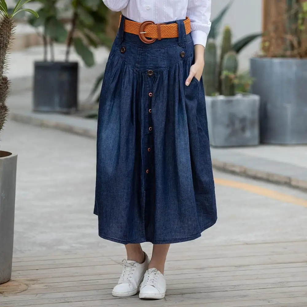 

European and American women's clothing fat MM extra large cotton denim skirt high waist large pleated thin long skirt