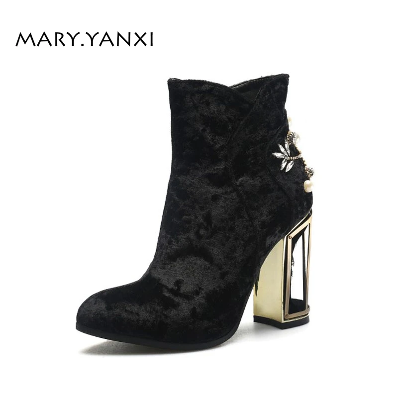 

Spring/Autumn Women Shoes Ankle Boots Flock Genuine Leather Insole Solid Crystal Fretwork High Heels Fashion Round Toe Zip
