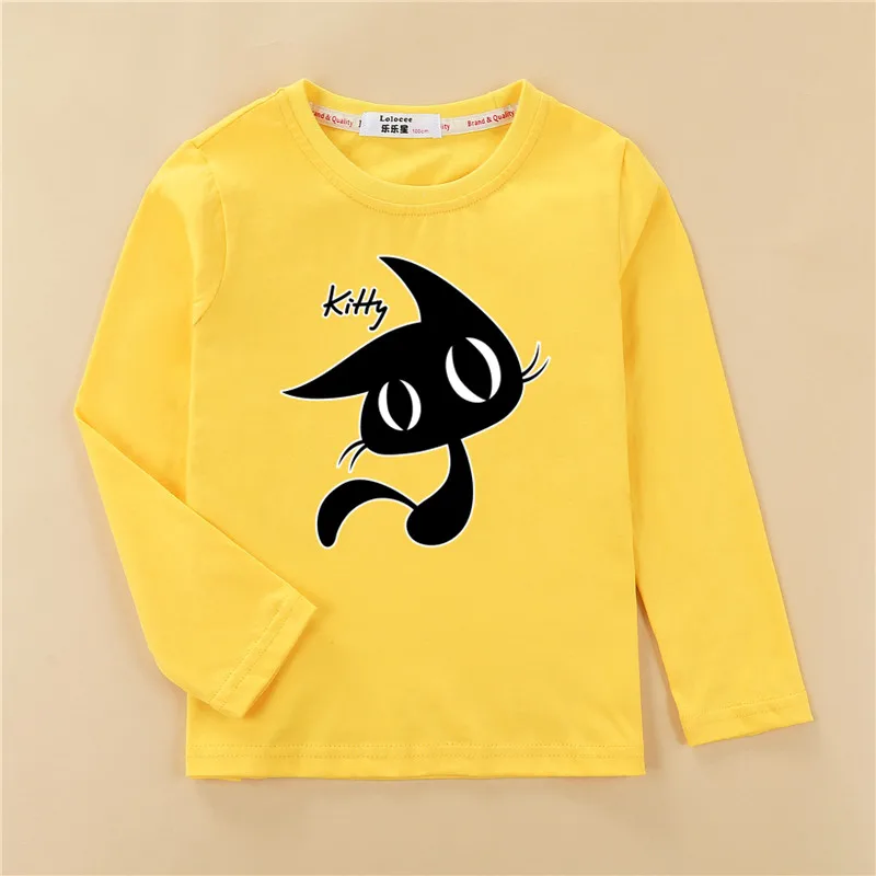 Футболки с принтом котенка; футболка для девочек; Модная одежда с длинными рукавами; топы для маленьких девочек с милым рисунком кота; детская футболка из чистого хлопка - Цвет: Yellow1