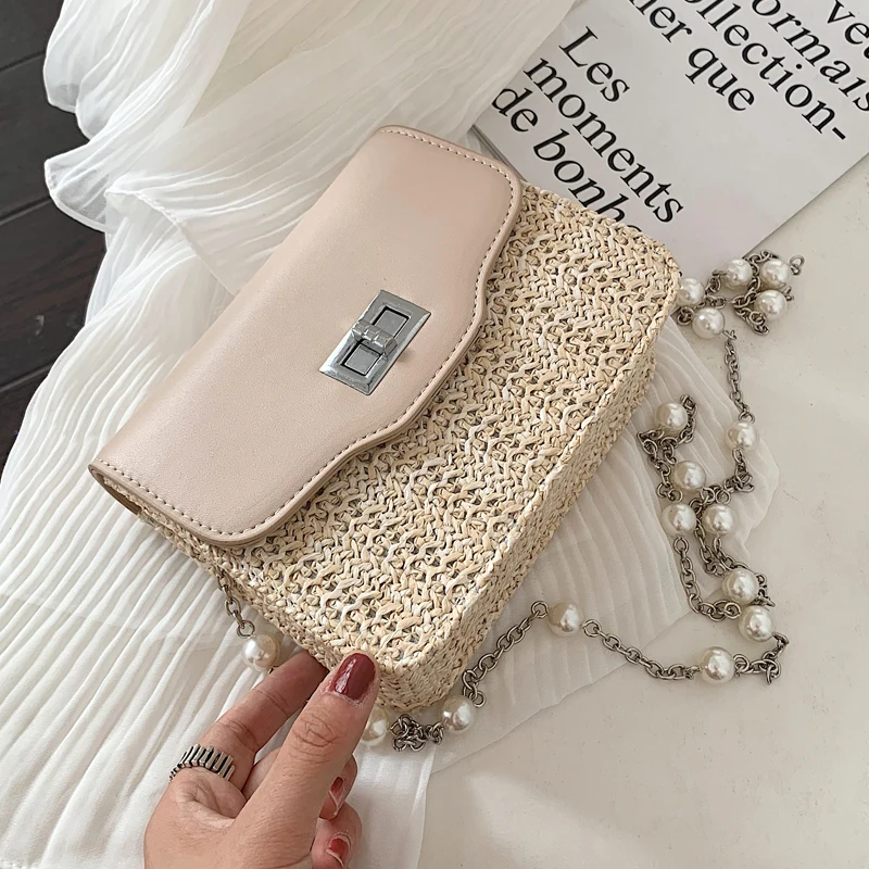 

Contrast color Woven Crossbody Bags 2019 Summer New Quality Leather Women's Designer Handbag Pearl Chain Shoulder Messenger Bags