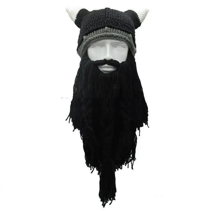 Christmas Knit Viking Beard Horn Hat Crazy Ski Cap Barbarian Vagabond Beanie - Цвет: Black