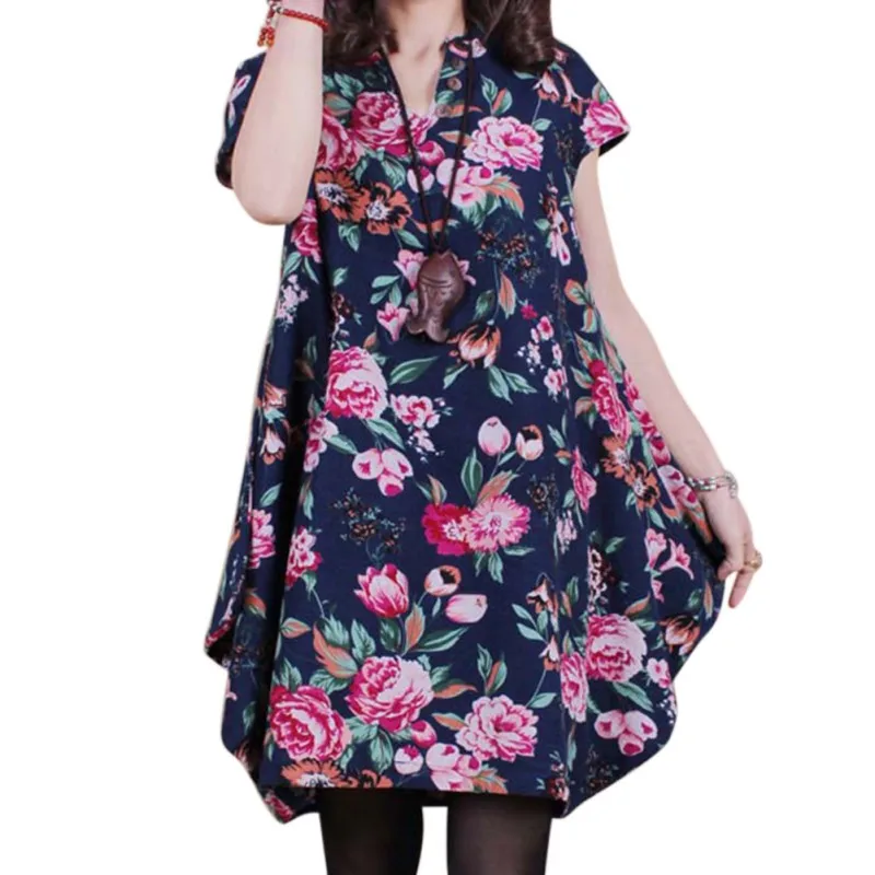 Женские Пляжные Платья с цветочным принтом размера плюс, Летние повседневные винтажные Модные топы, элегантное платье средней длины - Цвет: as picture