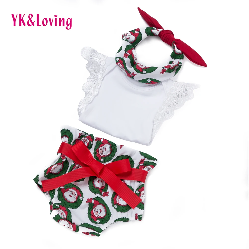 

2018 New Christmas baby Girls White Cotton Sleeveless Romper +Shorts +Headband 3pcs Suit Infant clothes Newborn Clothing Set