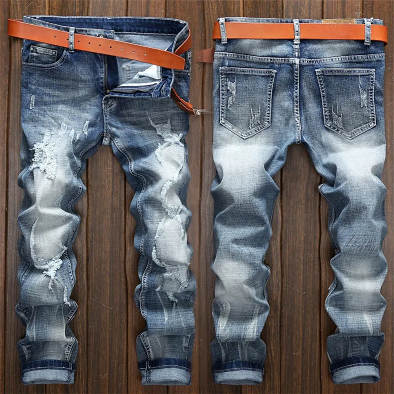 

2019 New Hole Ripped Stretch embroidery Fashion Zippper Jeans Men Straight Nostalgic Printed Mens Ripped Big Size Jeans