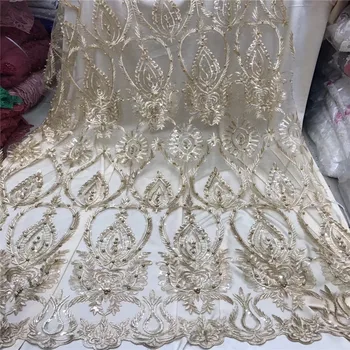 

Lace Fabric Gold color French Lace Fabric With Beaded Nigerian French Fabric High Quality African Tulle Lace Fabric HX1179-1