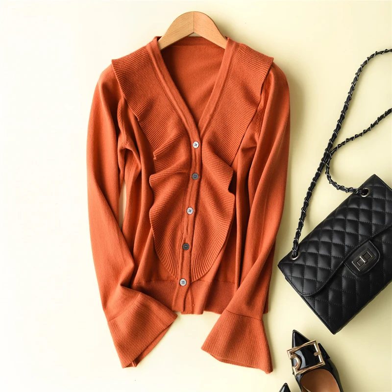 2018 Women Sweaters Cardigans Flare Sleeve V-Neck Knitted Coat Autumn Casual Solid Color Soft Loose Cashmere Wool Sweater Jacket