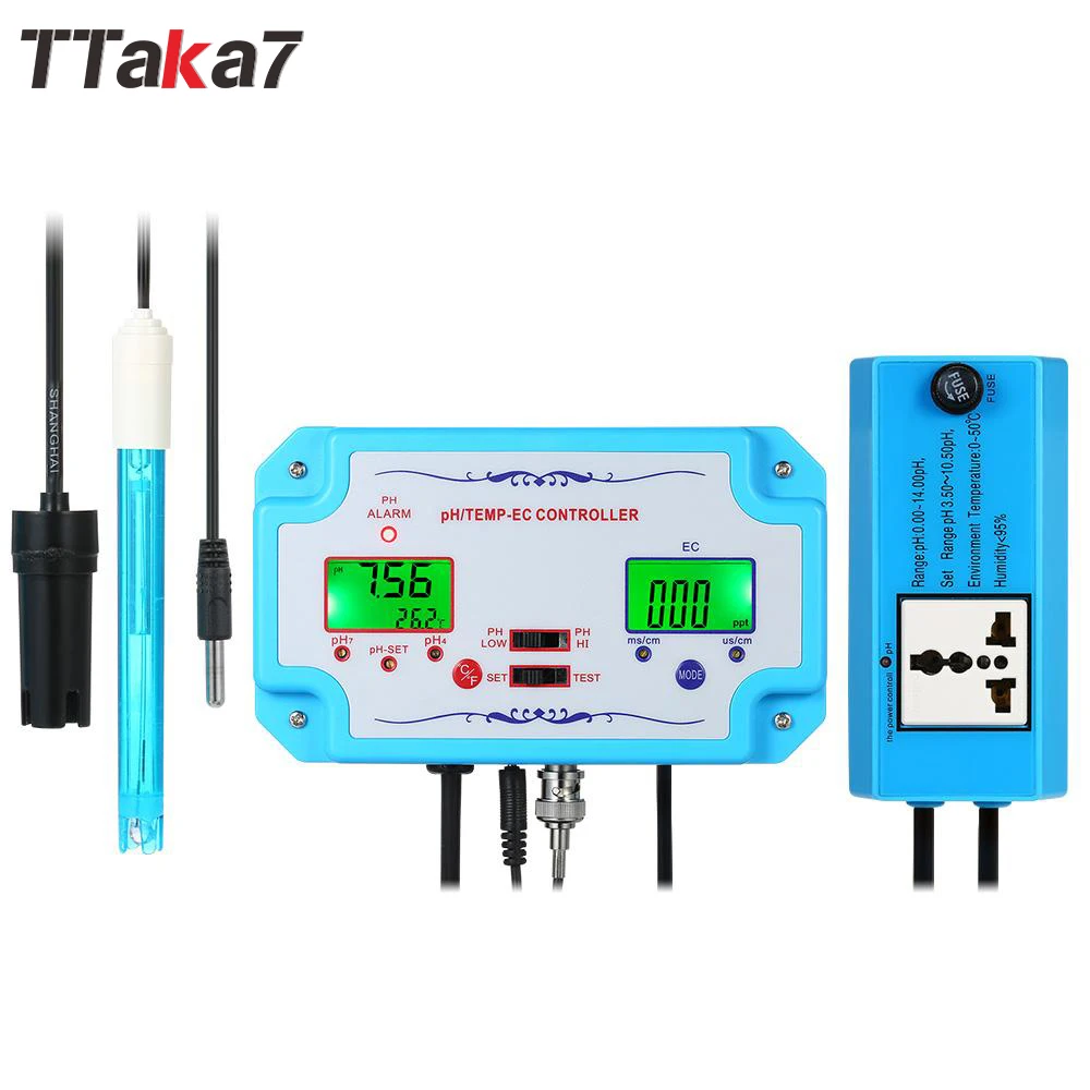 

Professional 3 in 1 pH/EC/TEMP Water Quality Detector pH Controller with Relay Plug Repleaceable Water Quality Tester