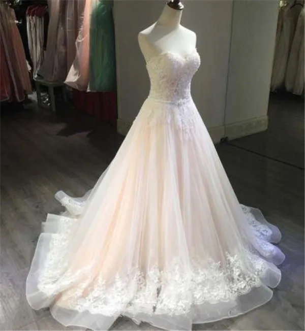 blush-pink-wedding-dresses-a-line-sweetheart-strapless-sleeveless-sweep-train-applique-sequins-lace-2019-beach-boho-wedding-bridal-gowns