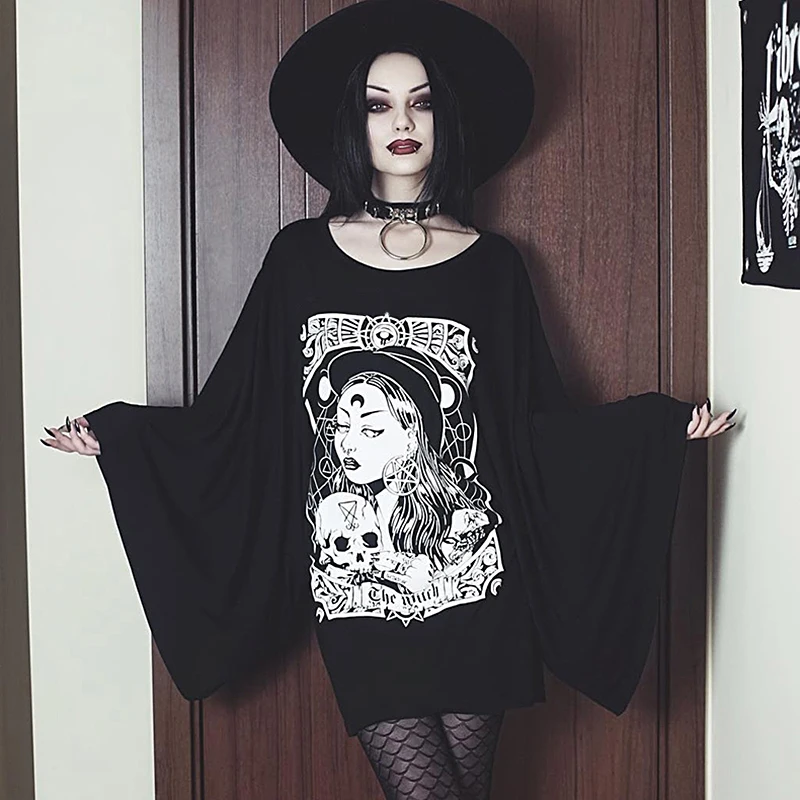 Comprar Vestido gótico con estampado de bruja InsGoth de manga larga negro de llamarada de talla grande vestido elástico para mujer vestido de fiesta para mujer
