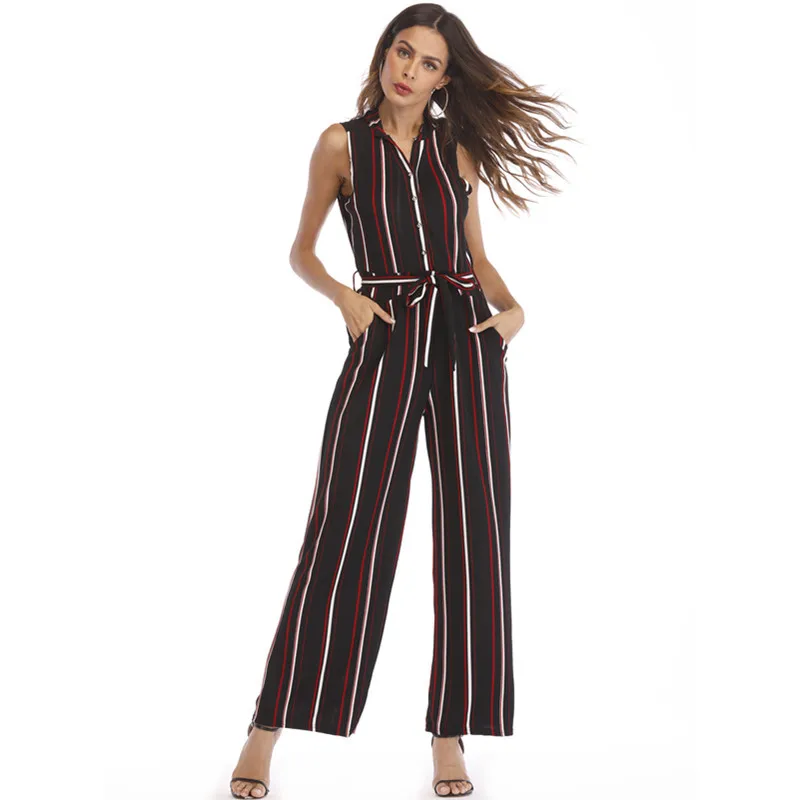 New Female Jumpsuit Sexy Sleeveless Red And White Black Stripe Band