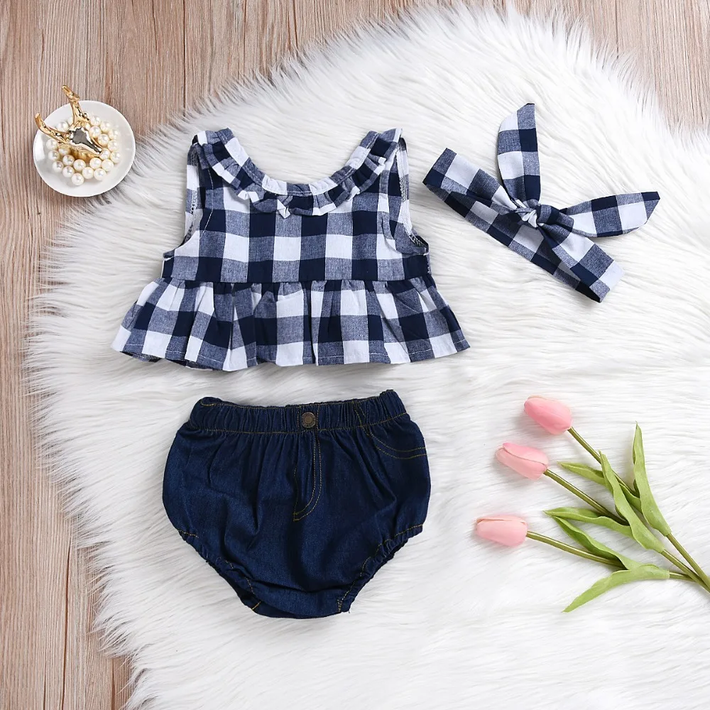 

2019 Baby Plaid Suit Outfits Plaid Tops And Denim PP Pants With Bow Headbands Infant Kids Clothes 1.3kg#56