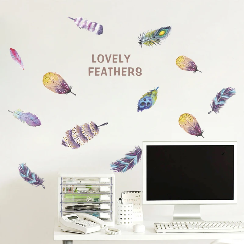 Colorful Lovely Feather Wall Stickers For Home Decoration Accessories PVC For Living Room Bedroom DIY Mural Decor Wall Art Decal