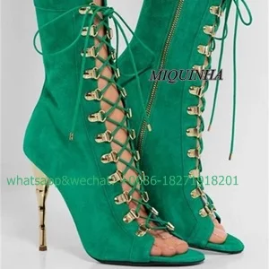 concise green suede leather ankle high booties women peep toe metal super stiletto high heel short boots cross strappy footwear