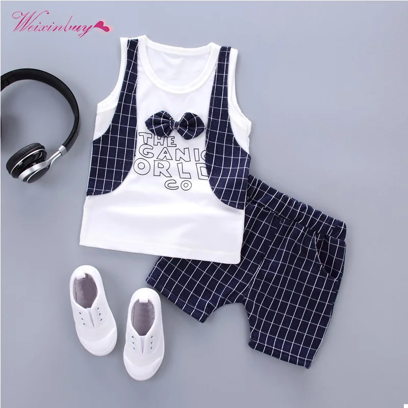 

Formal Clothing Sets For Baby Boy Plaid Letters Bow Clothes Infant Birthday Party Cloth Fashion Outerwear Boys 2 Pieces Set