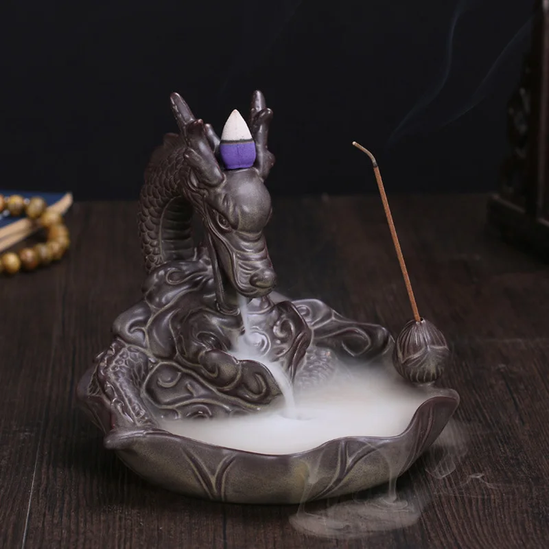 

Ceramic Dragon Incense Burner for Smoke Backflow Like Water Streaming Down Art Craft Incense Cone Furnace Home Decor