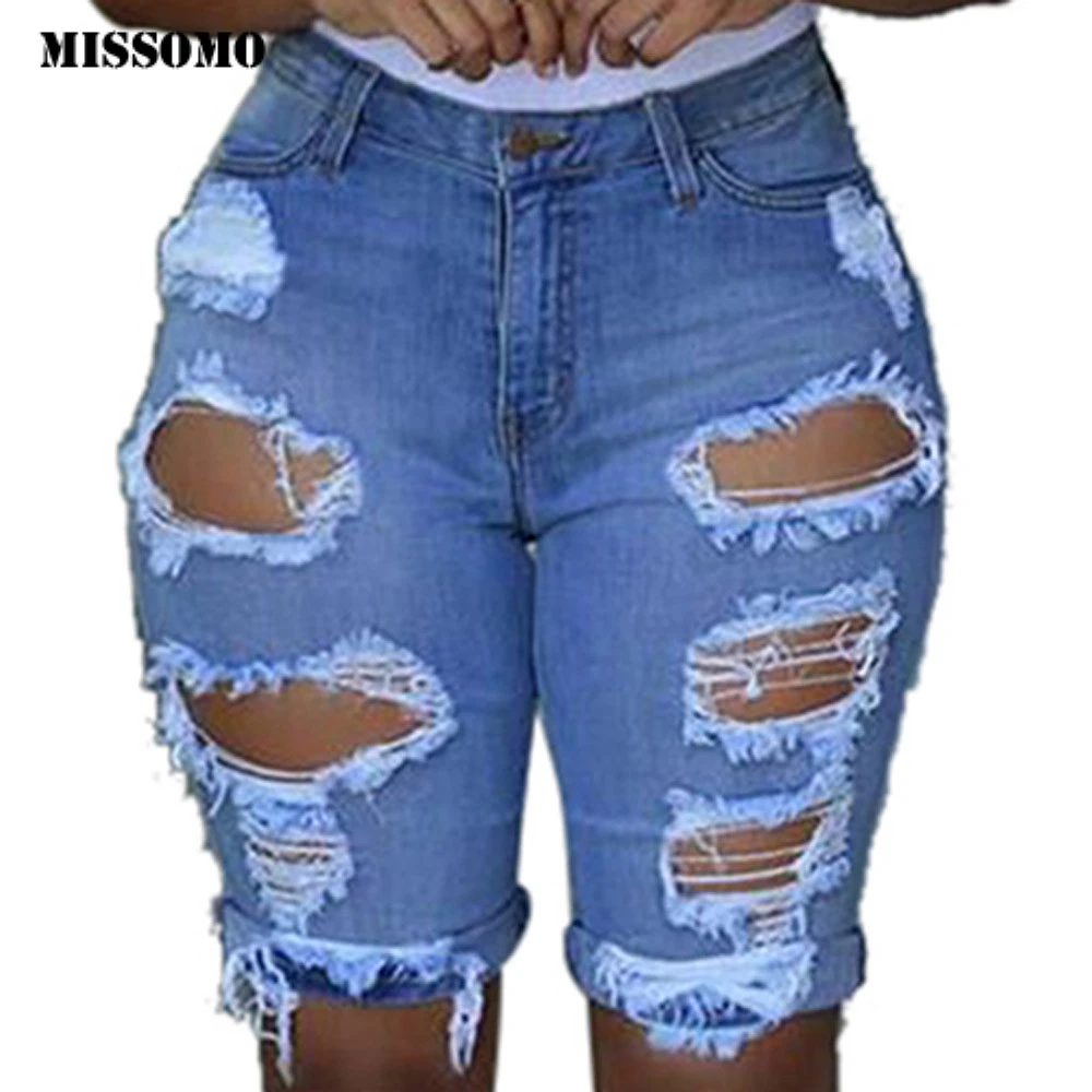 MISSOMO denim jeans womens Elastic Destroyed Hole Leggings Short Pantsdenim jeans shorts black skinny jeans strech jeans women