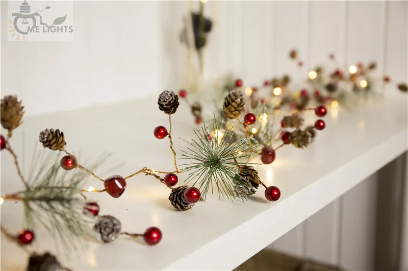 Красная ягода Рождественская гирлянда светодиодный медный Сказочный свет Pinecone гирлянды для рождественской праздничной елки и украшения дома