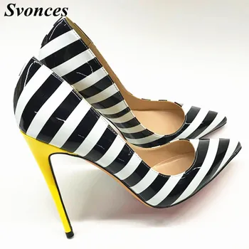 

2019 Zebra Stripes High Heel Shoes Woman Pointed Toe Patent Leather Patchwork 12CM Yellow Heeled Pumps Women Fashion Party Shoes